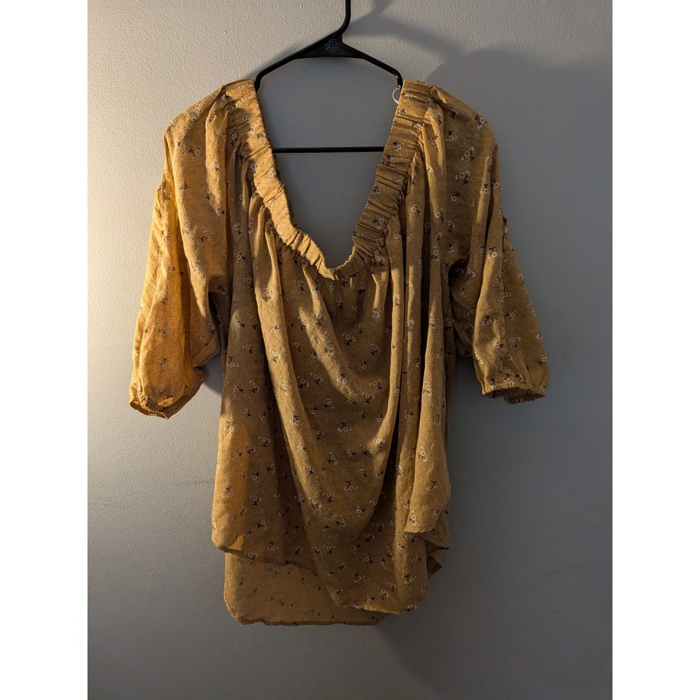 KONTIO Women 3X Mustard Yellow Floral Off Shoulder Peasant Blouse 3/4 Sleeve
